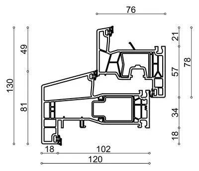 Fabrieksdoorsnede K-vision Cube, kader 76106 met vleugel 76201, kader 81 mm en vleugel 49 mm, samen 130 mm in het zicht, 120 mm diep