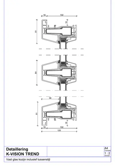 Doorsnede K-vision Trend, vast glas met tussenstijl, kader 120 mm diep en 81 mm in het zicht, tussenstijl 84 mm