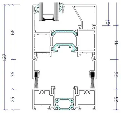 Fabrieksdoorsnede Reynaers ConceptFolding 77, verticale doorsnede door vleugel en lage onderdorpel van 25 mm, samen 127 mm in het zicht