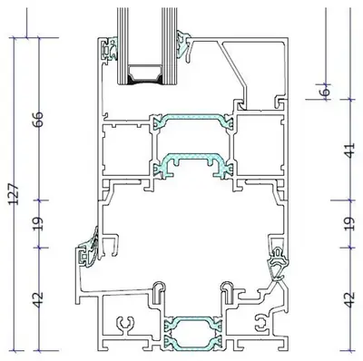 Fabrieksdoorsnede Reynaers ConceptFolding 77, verticale doorsnede door vleugel en bovendorpel van 42 mm waar de loopwagens in hangen, samen 127 mm in het zicht