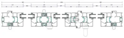 Fabrieksdoorsnede Reynaers ConceptFolding 77, horizontale doorsnede door een vouwwand van drie vleugels met kader, scharniernaad en loopdeur, 119, 144 en 154 mm in het zicht