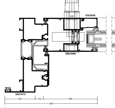 Fabrieksdoorsnede Reynaers ConceptPatio 130, horizontale doorsnede door de zijkant van een hefschuifpui, kader 53 plus 14 plus schuifvleugel 94 mm, samen 161 mm in het zicht, glas 6-16-6