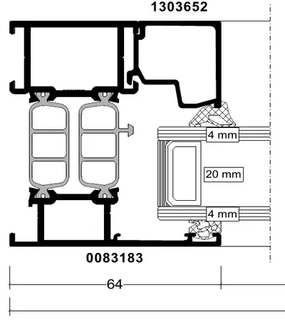 Fabrieksdoorsnede Reynaers ConceptSystem 77, horizontale doorsnede door een kader met vast glas en glaslat, 64 mm in het zicht en 68 mm diep, glas 4-20-4