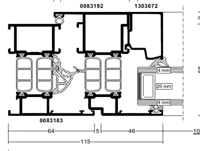 Fabrieksdoorsnede Reynaers ConceptSystem 77, horizontale doorsnede door kader en draaikiepvleugel naast elkaar, 64 plus 5 plus 46 mm, samen 115 mm in het zicht