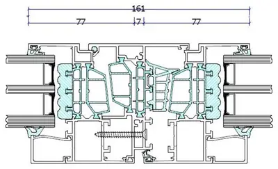 Fabrieksdoorsnede Reynaers MasterLine 8, horizontale doorsnede door de naad van een stolp, twee vleugels van 77 mm met 7 mm ertussen, samen 161 mm in het zicht, met koppelschroef