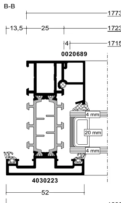 Fabrieksdoorsnede Reynaers SlimLine 38, horizontale doorsnede door een smal kader met vast glas en glaslat, 52 mm in het zicht, glas 4-20-4