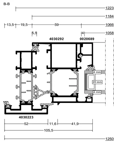 Fabrieksdoorsnede Reynaers SlimLine 38, horizontale doorsnede door kader en draaikiepvleugel naast elkaar, 52 plus 11,6 plus 41,9 mm, samen 105,5 mm in het zicht