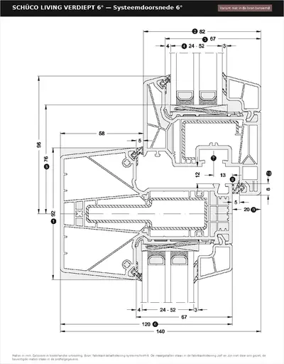 Systeemdoorsnede Schüco LivIng Verdiept 6° in de Rovenzia-tekenstijl, tussenstijl (T-profiel 120 bij 92 mm) met draaikiepvleugel van 82 mm diep met stalen koker, glas 24 tot 52 mm