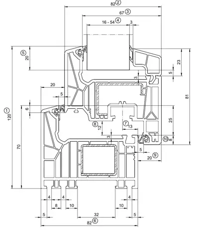 Systeemdoorsnede Schüco LivIng AS uit de fabrikantcatalogus, horizontale doorsnede door kader en draaikiepvleugel met stalen koker, samen 120 mm in het zicht, kader en vleugel 82 mm diep
