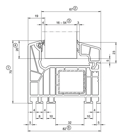 Systeemdoorsnede Schüco LivIng AS uit de fabrikantcatalogus, vast glas direct in het kader van 82 mm diep, 70 mm profiel in het zicht