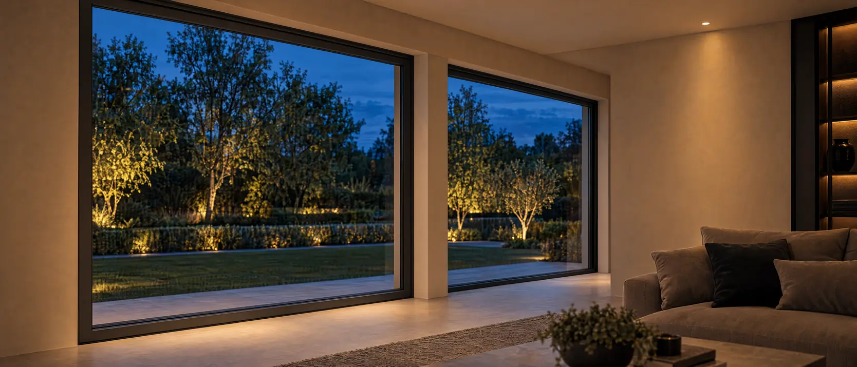 Twee grote zwarte aluminium kozijnen rond een hoek van een woonkamer, van vloer tot plafond, met zicht op een verlichte tuin bij avond