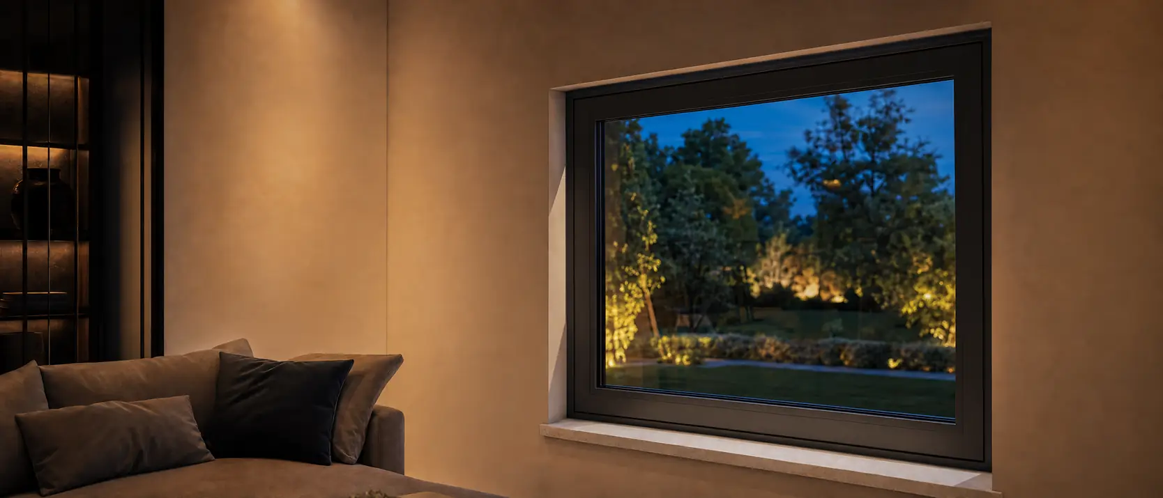 Zwart kozijn, gesloten, in een donker verlichte woonkamer met bank, met zicht op een verlichte tuin bij avond