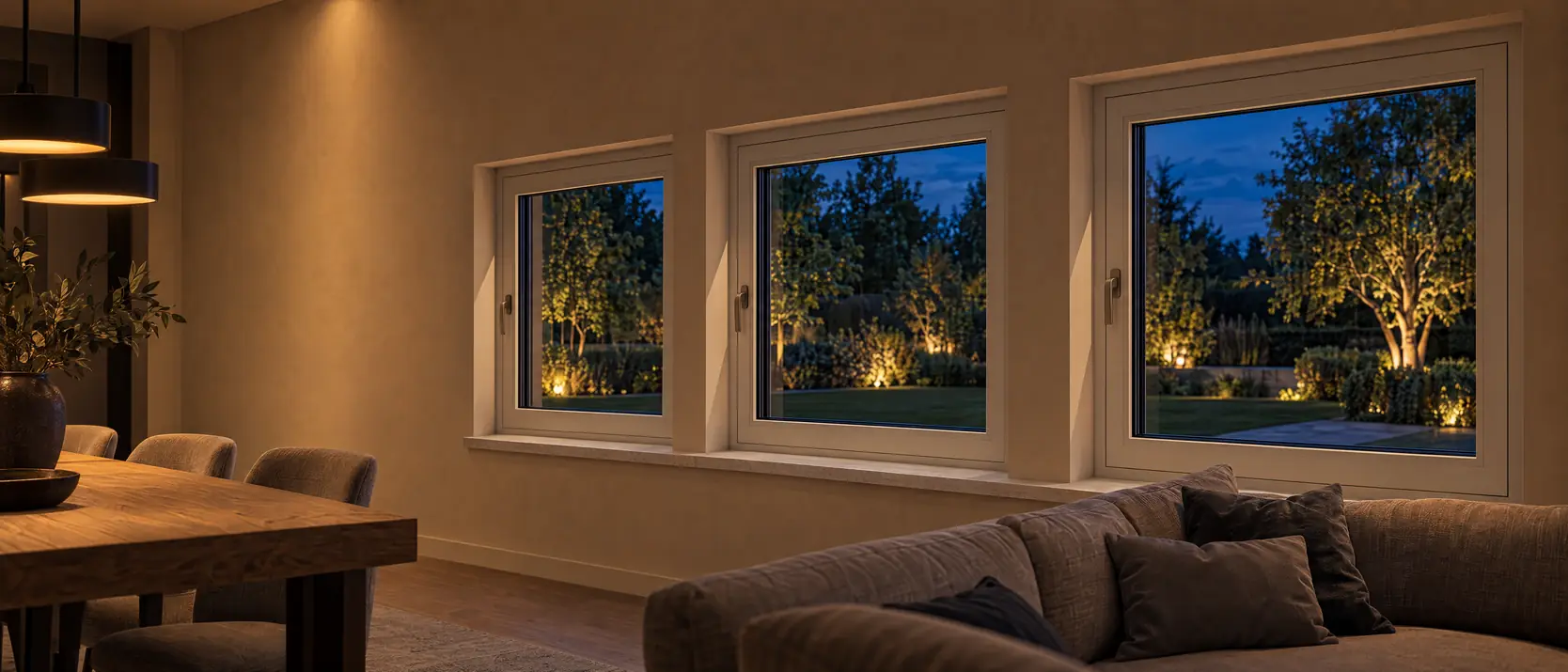 Drie witte kunststof draaikiepramen naast elkaar in een woon-eetkamer, met zicht op een verlichte tuin bij avond