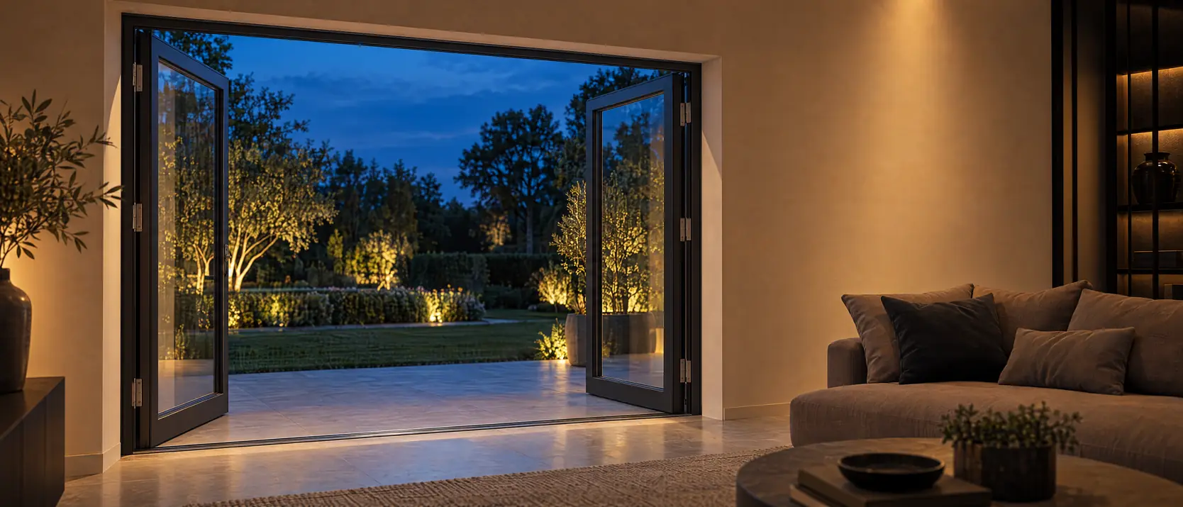 Twee antracieten openslaande tuindeuren, beide open, gezien vanuit een woonkamer met bank, met zicht op een verlicht terras en tuin bij avond
