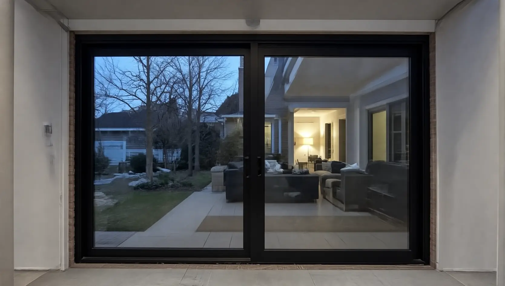 Zwarte schuifpui over de volle breedte van een kamer, met zicht op een tuin bij schemer