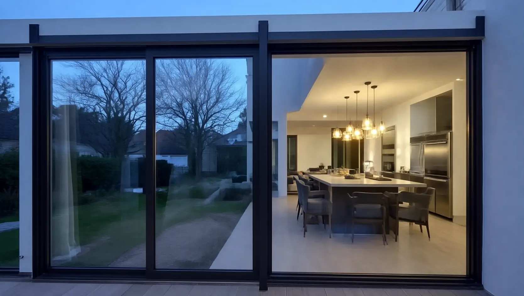 Zwarte schuifpui met twee grote vakken langs een keuken, bij schemer