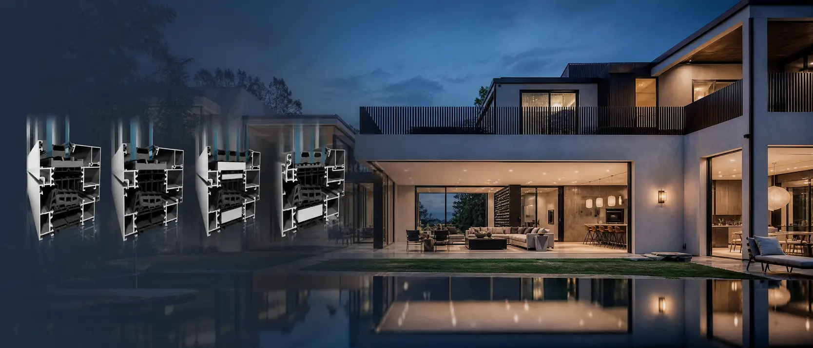 Moderne woning bij avond met verlichte woonkamer achter een aluminium schuifpui, links vier doorsnedes van het profiel