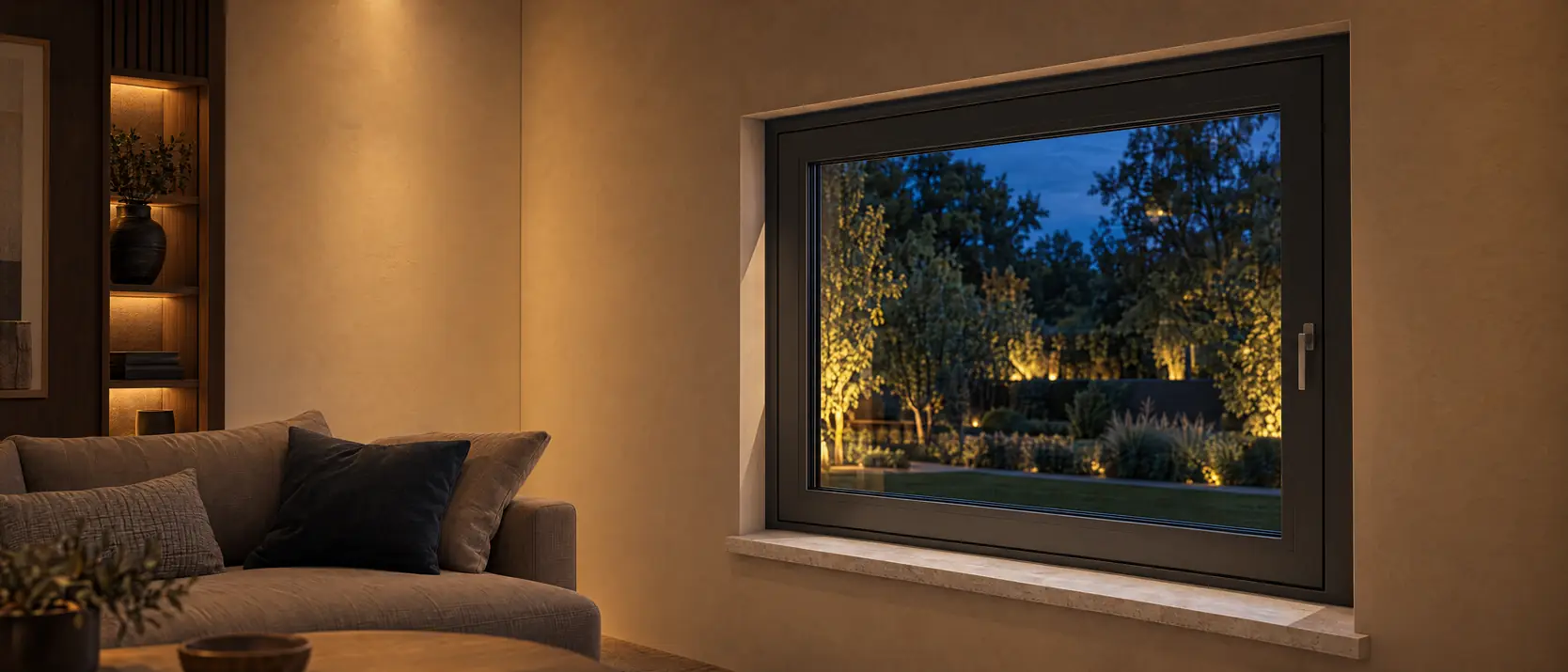 Antracieten raam met greep boven een stenen vensterbank, naast een bank, met zicht op een verlichte tuin bij avond