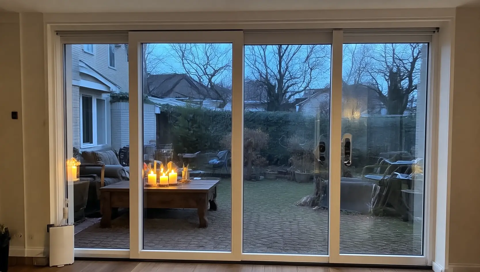 Witte hefschuifpui over de volle breedte van een kamer, met zicht op een terras met kaarsen bij schemer