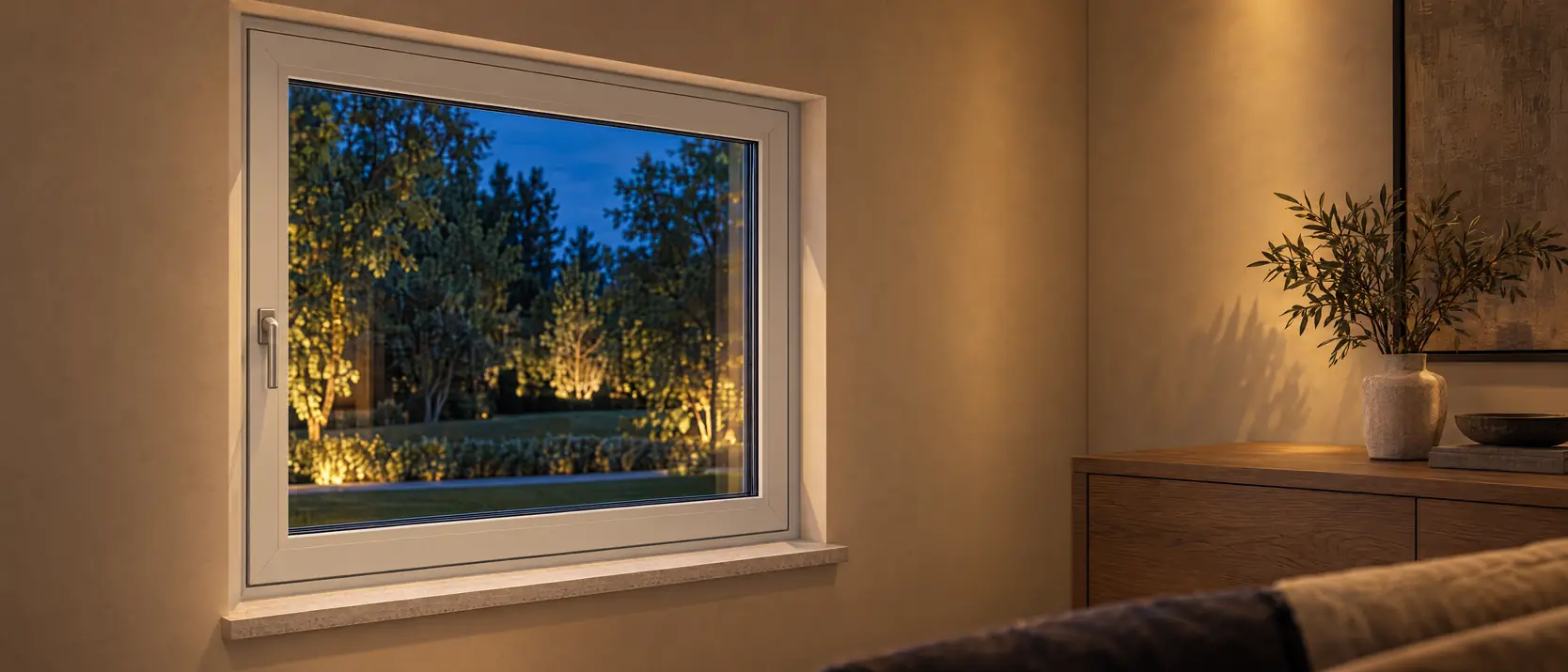 Wit kunststof raam met greep, van binnen gezien, met zicht op een verlichte tuin bij avond