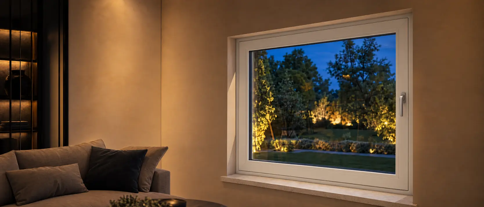 Wit kunststof raam met greep in een woonkamer, met zicht op een verlichte tuin bij avond