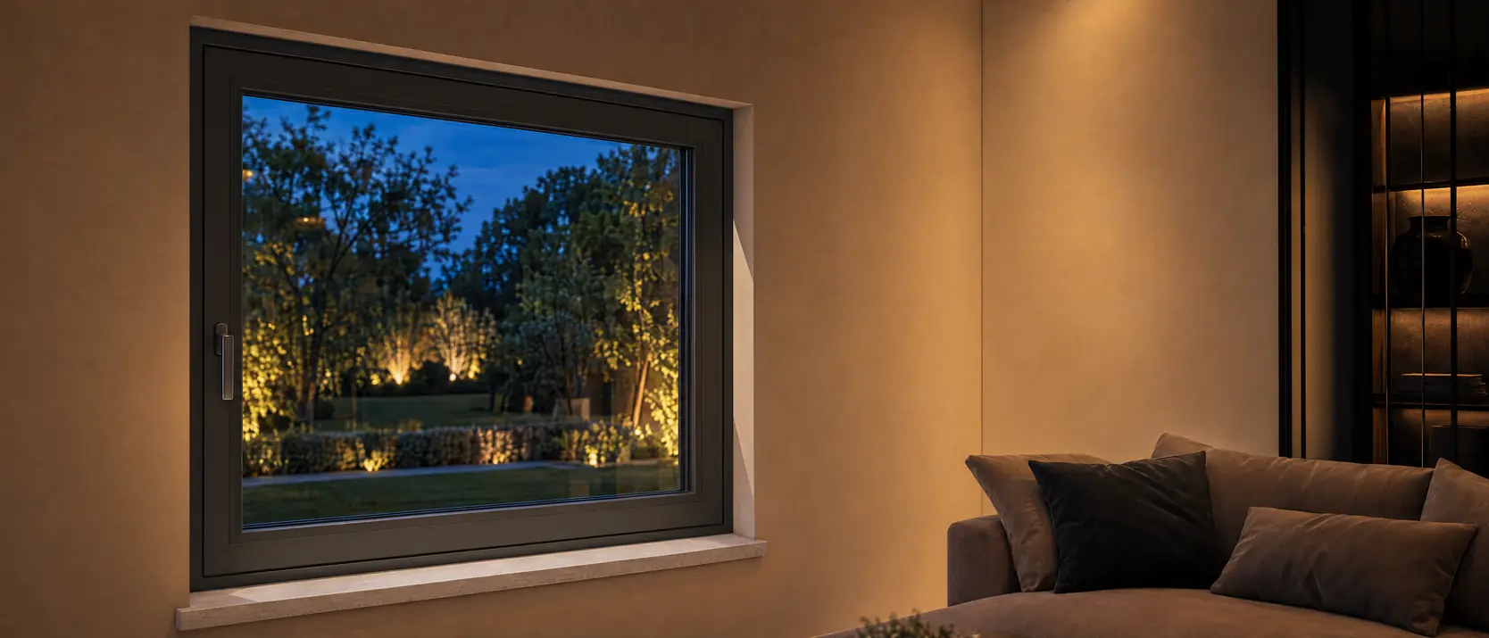 Antracieten aluminium raam met greep boven een stenen vensterbank, met zicht op een verlichte tuin bij avond