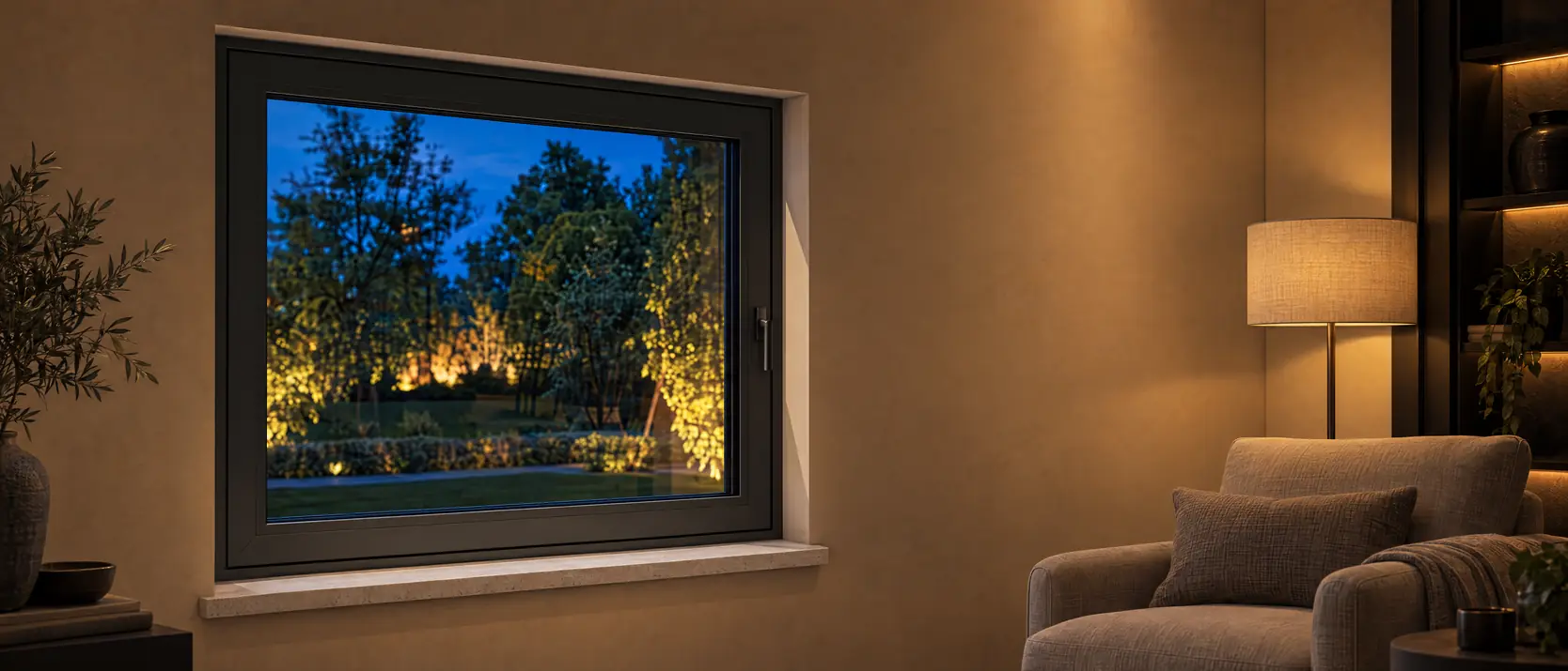 Antracieten raam met greep naast een fauteuil en een schemerlamp, met zicht op een verlichte tuin bij avond
