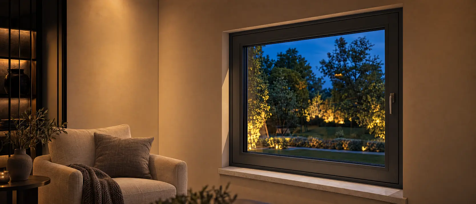 Antracieten raam met greep naast een fauteuil, met zicht op een verlichte tuin bij avond