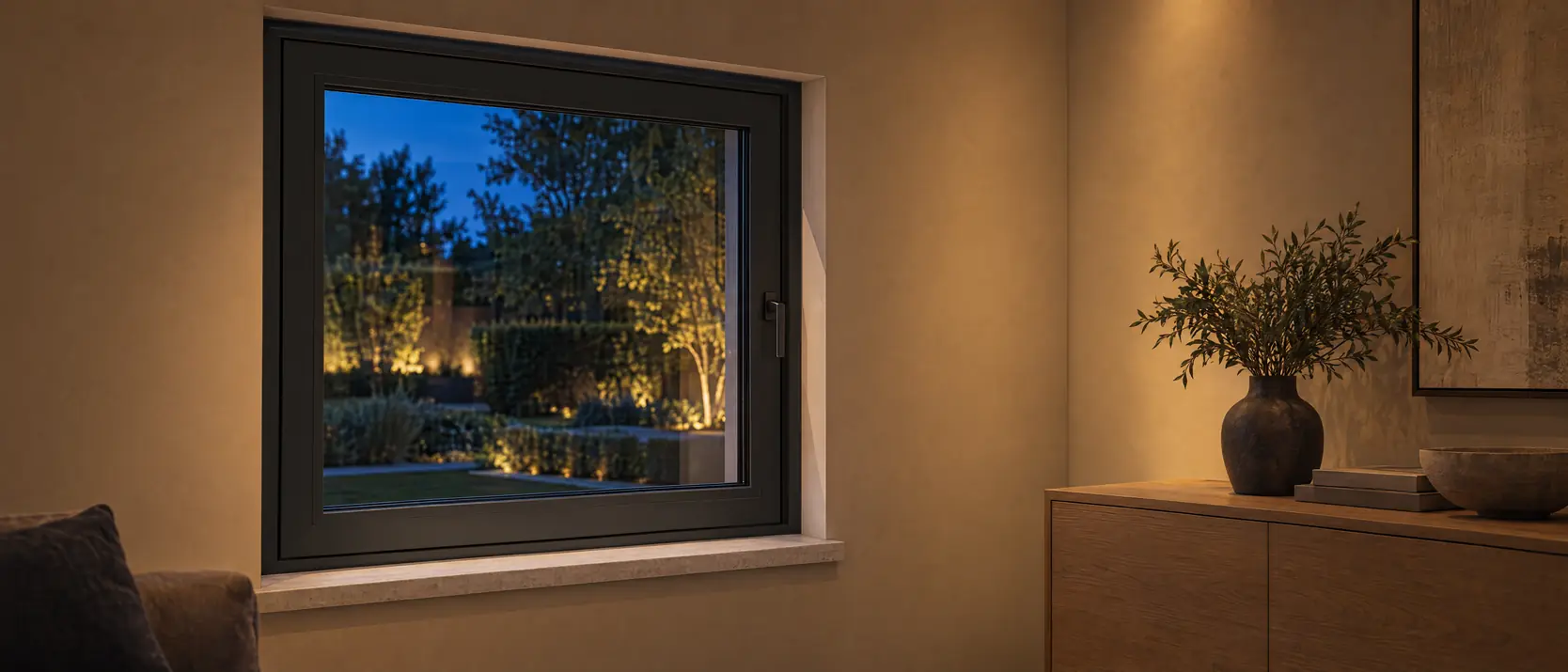 Antracieten raam met greep in een woonkamer, met zicht op een verlichte tuin bij avond
