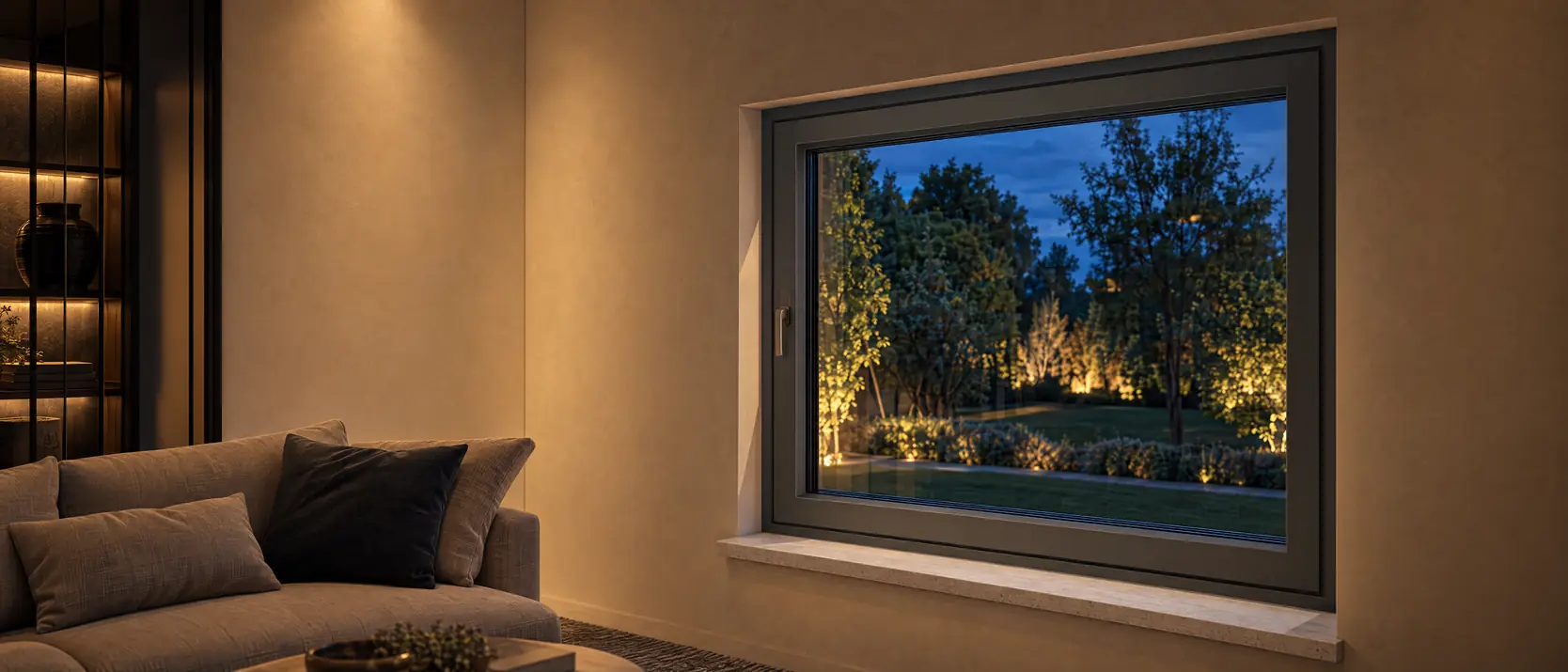 Antracieten raam met greep in een woonkamer, met zicht op een verlichte tuin bij avond