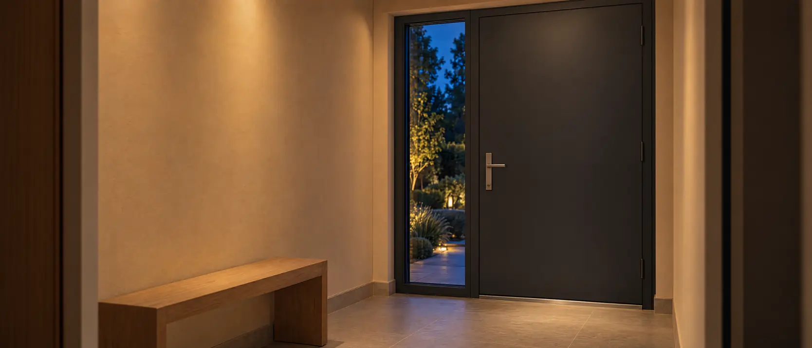 Antracieten voordeur met een smal zijlicht, gezien vanuit een hal met een houten bankje, met zicht op een verlichte tuin bij avond