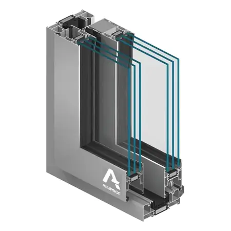 Hoekmodel van Aluprof MB-59HS: een hoek uit het kozijn, doorgezaagd zodat je de opbouw van het profiel ziet