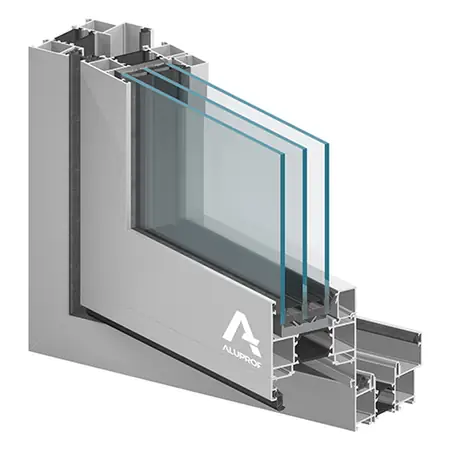 Hoekmodel van Aluprof MB-86 Fold Line HD: een hoek uit het kozijn, doorgezaagd zodat je de opbouw van het profiel ziet