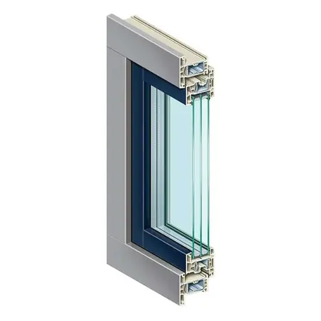 Hoekmodel van K-vision Classic: een hoek uit het kozijn, doorgezaagd zodat je de opbouw van het profiel ziet