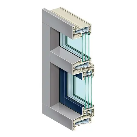 Hoekmodel van K-vision Cube: een hoek uit het kozijn, doorgezaagd zodat je de opbouw van het profiel ziet