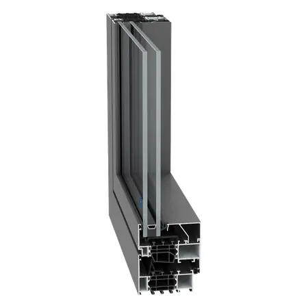 Hoekmodel van Reynaers MasterLine 8: een hoek uit het kozijn, doorgezaagd zodat je de opbouw van het profiel ziet