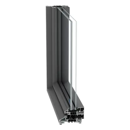 Hoekmodel van Reynaers SlimLine 38: een hoek uit het kozijn, doorgezaagd zodat je de opbouw van het profiel ziet