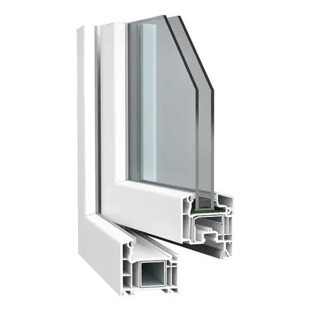 Hoekmodel van VEKA Softline 70 AD: een hoek uit het kozijn, doorgezaagd zodat je de opbouw van het profiel ziet