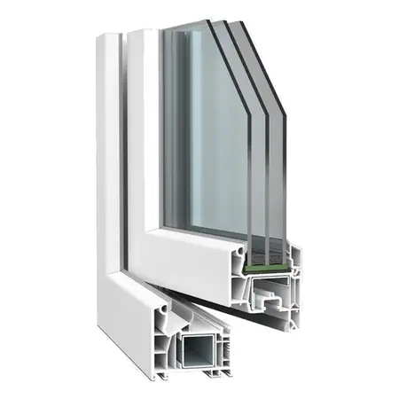 Hoekmodel van VEKA Softline 76 MD: een hoek uit het kozijn, doorgezaagd zodat je de opbouw van het profiel ziet