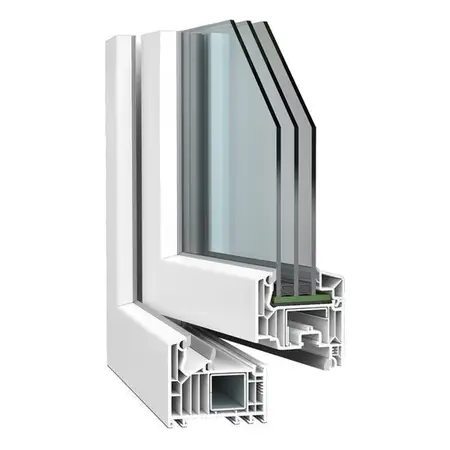 Hoekmodel van VEKA Softline 82 MD: een hoek uit het kozijn, doorgezaagd zodat je de opbouw van het profiel ziet