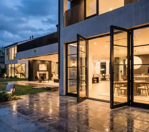 Openstaande vouwdeuren naar een terras met verlichte woonkamer