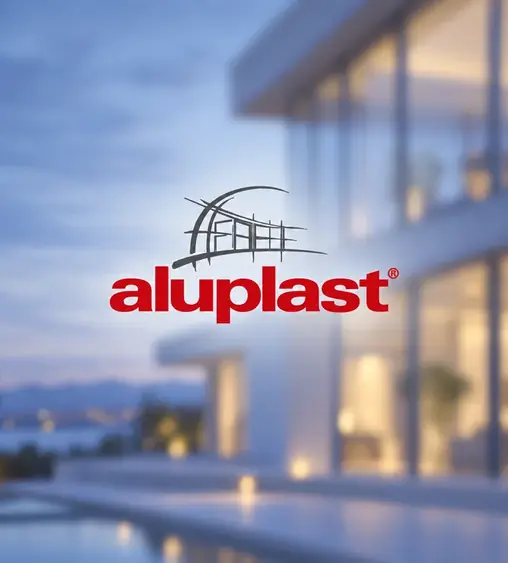 Logo van aluplast voor een witte villa met veel glas bij schemer