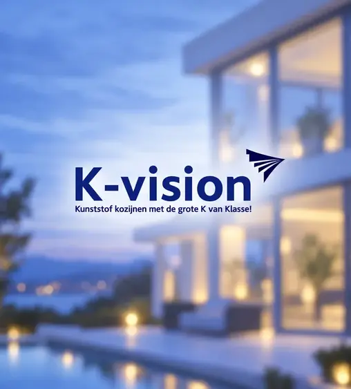 Logo van K-vision met de slogan ‘Kunststof kozijnen met de grote K van Klasse!’ voor een villa bij schemer