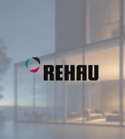 Logo van REHAU over een beglaasde gevel bij schemer
