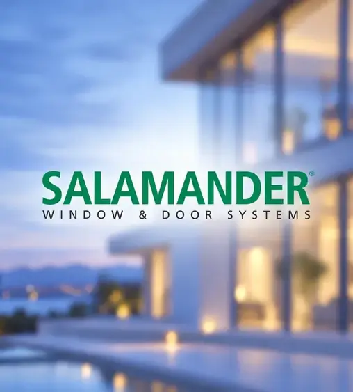 Logo van Salamander Window & Door Systems voor een villa met veel glas bij schemer