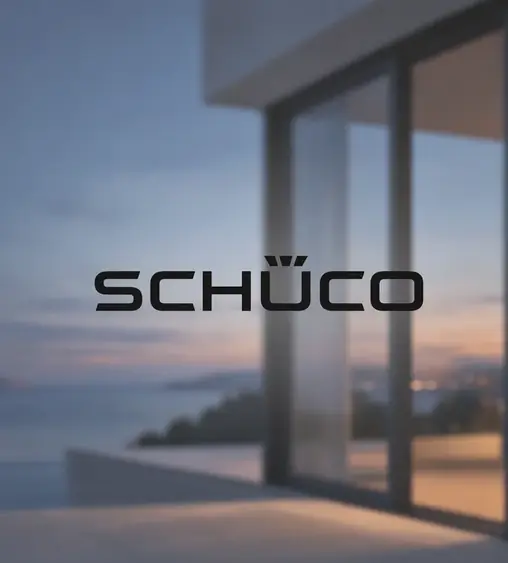 Logo van Schüco over een beglaasde gevel bij schemer