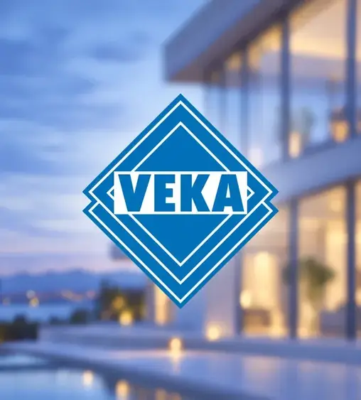 Logo van VEKA voor een villa met veel glas bij schemer
