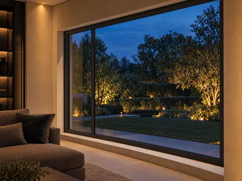 Brede zwarte aluminium kozijnwand met twee vlakken, in een woonkamer met bank, met zicht op een verlicht terras en tuin bij avond