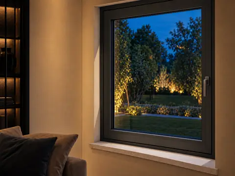 Zwart draaikiepraam met greep, gesloten, naast een bank, met zicht op een verlichte tuin bij avond
