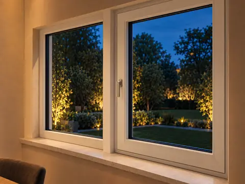 Twee witte kunststof ramen naast elkaar boven een vensterbank, gezien vanaf een eettafel, met zicht op een verlichte tuin bij avond